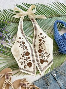 Top corto para mujer estilo bohemio sin mangas con diseño de espalda de tirantes, cuello halter con diseño anudado y bordados florales, adecuado para festivales de música - Marrón - Ver 8