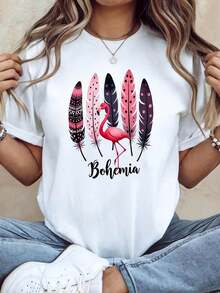 Women's Bohemian Flamingo Theme T-Shirt | Flamingo Slogan Decoration, Casual Short Sleeve, Pink-Purple Romantic Bohemian Artistic Everyday Top - 白色 - 查看 1