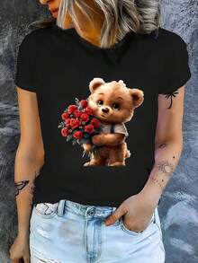Día de San Valentín - una flor de rosa de oso romántica y linda - Estilo deportivo casual de moda de las mujeres, una camisa de cuello redondo cómoda e interesante impresa, perfecta para regalos, un cómodo, transpirable, absorbente de sudor, ligero - Negro - Ver 2