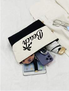 1pc Women's Canvas Shoulder Bag With "Beach" And Coconut Tree Print, Spring/Summer Style, Large Capacity, Suitable For School, Work Or Casual Use, Includes Cosmetic Bag And Pink Hair Clip, Suitable For White-Collar Women And Students, Multi-Compartment Design, Suitable For Beach, School, Work And Daily Use - Multicolor - View 8
