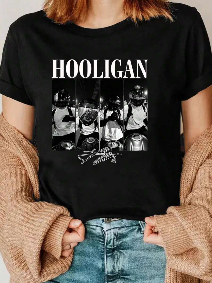 Women's 002 Women's HOOLIGAN Motorcycle-Themed T-Shirt - Soft Polyester Top With A Loose Fit, Crew Neck, And Short Sleeves Featuring An Iconic HOOLIGAN Print. A Casual Spring/Summer Blouse Perfect For Motorcycle Apparel And Casual Wear. - 黑色 - 查看 1