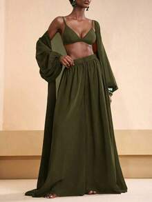 Conjunto de bata plisada de unicolor y pantalones de pierna ancha para mujer, conjunto informal de vestir para vacaciones - Verde militar - Ver 7