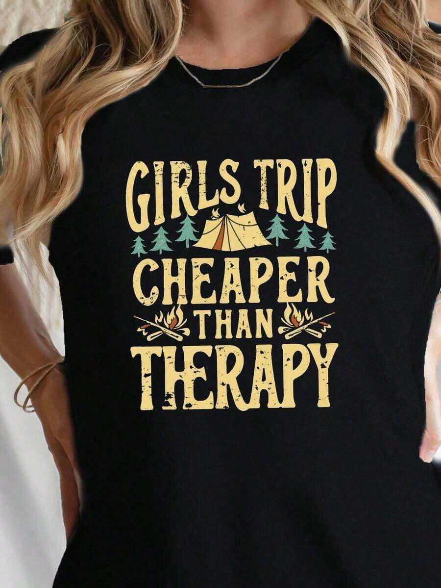Short-Sleeve Travel Print Crew Neck T-Shirt For Girls, Casual Short-Sleeve Top For Spring/Summer, Women's Clothing. Crew Neck, 100% Cotton, Soft Fabric, Short Sleeves, Breathable And Cool. - 黑色 - 查看 1