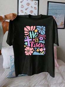 Summer T-Shirts 2026, Easter Cartoon Letter Graphic Print T-Shirt, Casual Short Sleeve Round Neck T-Shirt For Summer And Spring, Women's T-Shirt, Loose And Comfortable, Summer Clothes For Women, Women's T-Shirts, Casual T-Shirts For Ladies. - 黑色 - 查看 1