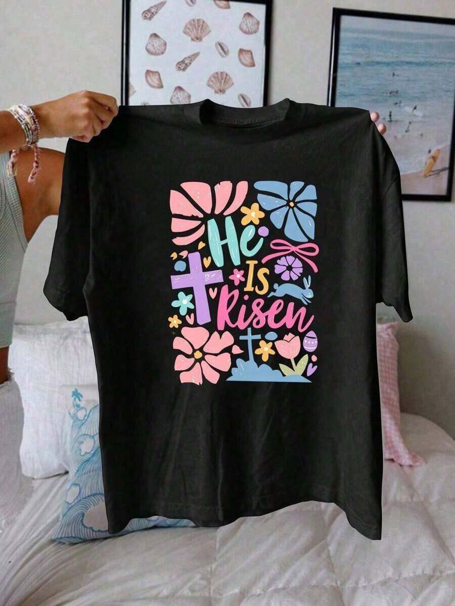 Summer T-Shirts 2026, Easter Cartoon Letter Graphic Print T-Shirt, Casual Short Sleeve Round Neck T-Shirt For Summer And Spring, Women's T-Shirt, Loose And Comfortable, Summer Clothes For Women, Women's T-Shirts, Casual T-Shirts For Ladies. - 黑色 - 查看 1