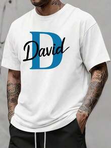 "David" Handwritten Print T-Shirt - Lightweight Cotton Blend Crew Neck Casual T-Shirt| Short Sleeves, Regular Fit, Ideal For Summer And Spring Outdoor Wear, Spring Casual Wear.| Handwritten Print T-Shirt - 白色 - 查看 11