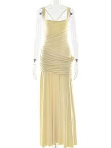 Nueva Llegada Vestido Gala Solido Escote Bajo Espalda Descubierta Siren - Amarillo - Ver 4