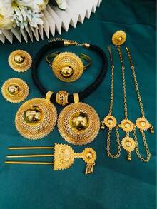 1 Necklace, 1 Bracelet, 1 Pair Of Earrings, 1 Ring, 1 Hair Fork, 1 Head Chain, 6pcs/Set Fashion Women's Gold-Plated Black Rope Double-Head Pendant Jewelry Set, Accessories, Saudi Arabia, Europe, America, Middle East, Dubai, Africa, Bride, Wedding, Banquet, Date, Evening Dress, Mother's Day, Valentine's Day, Birthday, Wedding Season, Graduation Season, Daily Wear, Gift For Mom, Sister, Girlfriend - Yellow Gold - View 2