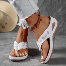 Women Plus Size Elegant Open Toe Sandals, Solid Color Floral Decor Summer Fairy Flip Flops, Fabric Upper Lining, Microfiber Insole & Non Slip Outsole - White - View 3