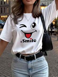 Camiseta de mujer de manga corta con cuello redondo y estampado de dibujos animados, en color blanco, camiseta gráfica, adecuada para looks de verano, otoño e invierno, color negro100% Cotton - Blanco - Ver 6