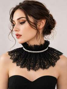 1pc Gothic Victorian Style Black Lace Ruffle Faux Collar With Pearl Decor, Detachable Ruffle Choker Collar, Suitable For Lolita, Cosplay And Halloween - Black - View 2