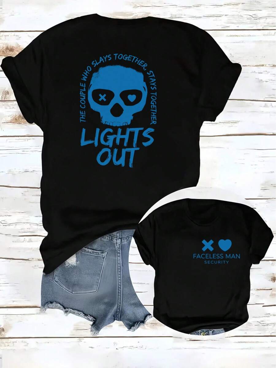 SimpieAndVersatileDesign T-Shirt With A Print From The Dark Romance Novel "Lights Out" (The Second Part Of The "Lords" Series) - A Women's Short-Sleeved Crew Neck T-Shirt, Loose Fit And Soft, A Must-Have Fashion Item For Spring And Summer, Made Of Cotton. - 黑色 - 查看 1