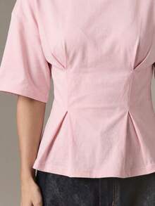 Camiseta de algodón rojo con peplum, de manga corta, cuello redondo, cintura ajustada, casual - Rosa - Ver 5