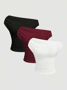 Camiseta ajustada de manga corta y cuello asimétrico de color liso, versátil y cómoda - Multicolor 4 - Ver 9