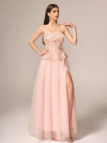 VIPGIRL New Arrival Lavender Asymmetric Waist Ruched Sequin Patchwork Elegant Formal Evening Gown - Pink - View 7