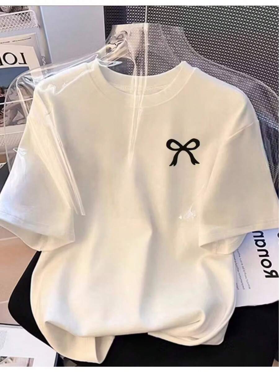 Women's T-Shirt With Black Bow Graphic Print For Summer And Spring, Short Sleeve, Round Neck, Casual Top, Women's Clothing, Women's Night Out T-Shirts - 白色 - 查看 1