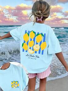 Tween Girls' Casual Funny Print Crew Neck Short Sleeve T-Shirt, Summer Top - Baby Blue - View 1