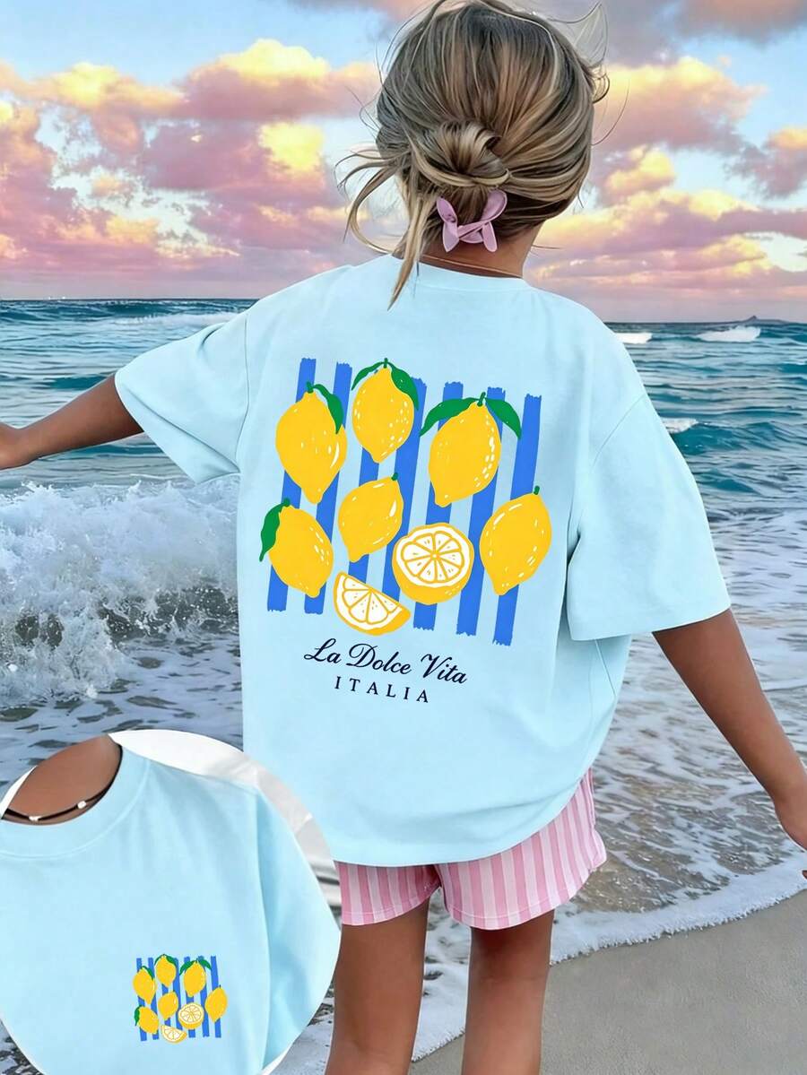 Tween Girls' Casual Funny Print Crew Neck Short Sleeve T-Shirt, Summer Top - Baby Blue - View 1