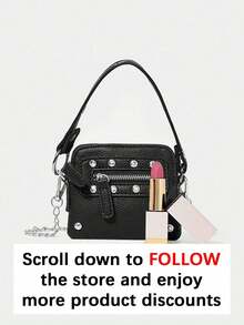 Fashion Cool Punk Rivet Zipper Mini Motorcycle Bag, Portable Slung Dual-Purpose Metal Chain Bag, Niche Versatile Texture Street Wind Small Square Bag, Personalized Classic Fashion Rivet Chain Envelope Bag, Suitable For Shopping, Daily Commuting And So On. - Black - View 4