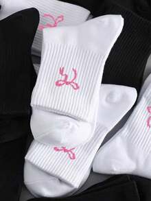 1/5 Pares de Meias Cano Médio Brancas com Laço Rosa para Mulheres, Minimalista Confortável Doce Macia, Adequada para Uso Diário, Esportes, Festas, Todas as Estações - Branco - Visão 6
