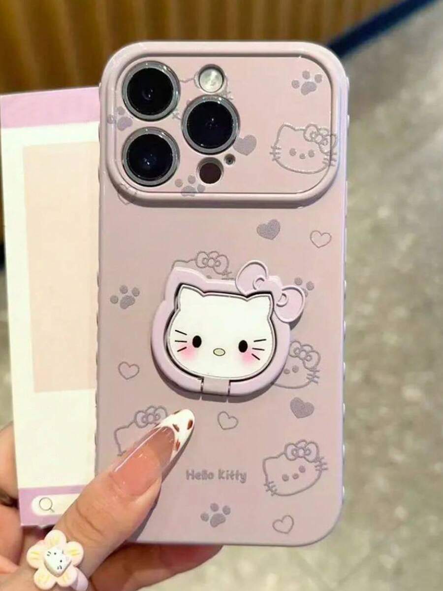 SANRIO 1 chiếc ốp lưng điện thoại hình trái tim in dấu chân mèo + khe giữ nhẫn cho iPhone 11-17 Pro Max - Màu tím - Xem 1