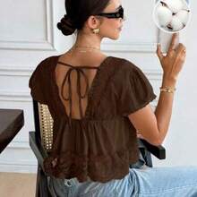 Women's Solid Color Contrast Lace Loose Short Sleeve Blouse,Summer Top - Café integral - Ver 1