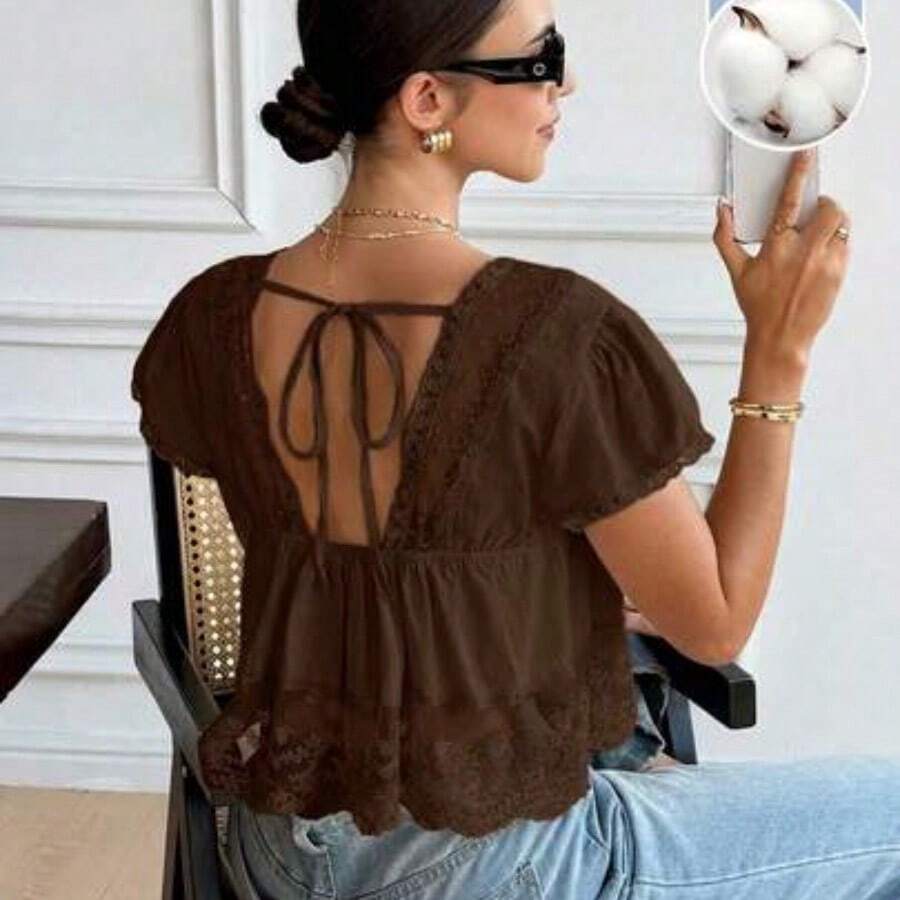 Women's Solid Color Contrast Lace Loose Short Sleeve Blouse,Summer Top - Café integral - Ver 1