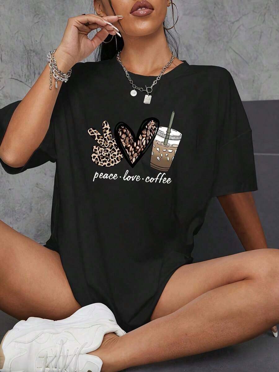 Camiseta casual estampada de moda personalizada, top deportivo de manga corta con cuello redondo y ligeramente elástico, ropa deportiva para mujer. - Negro - Ver 1