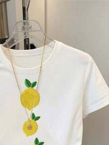 Camiseta de manga corta casual de mujer con bordado de limón, para verano - Blanco - Ver 5
