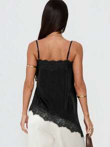 Camisole Seksi & Modis dengan Patchwork Renda & Satin, Hem Asimetris, Pakaian Sehari-hari Serbaguna, Koleksi Terbaru Musim Semi/Panas, Warna Hitam Kasual - Hitam - View 3