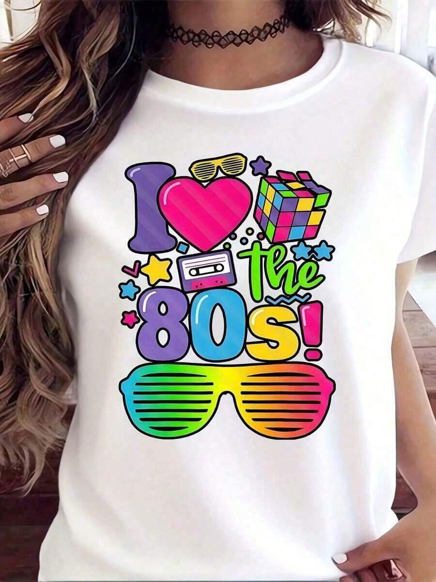 1 Piece "I Love The 80s" T-Shirt For Women, Retro 80s Party Tee With Neon Sunglasses And Cassette Tape Design, Fun Vintage Tee For 80s Theme Parties, Birthdays, Halloween Or Costume Events, 180g 100% Soft Cotton - 白色 - 查看 1