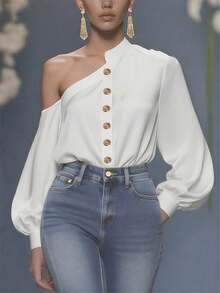 Blusa de mujer elegante de manga larga con un hombro, con botones dorados, de tela tejida, color blanco, para primavera - Blanco - Ver 5