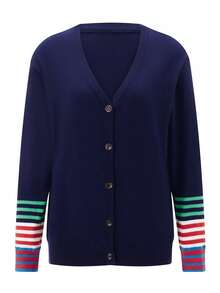 Women's Striped Cardigan V Neck Long Sleeve Button Down Knit Tops For Fall Streetwear - Navy Blue - View 1