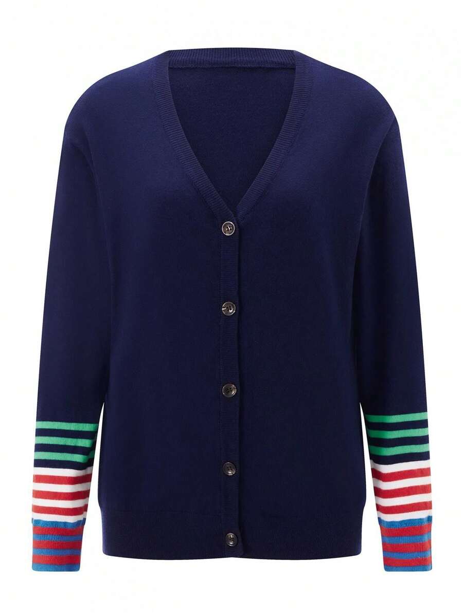 Women's Striped Cardigan V Neck Long Sleeve Button Down Knit Tops For Fall Streetwear - Navy Blue - View 1
