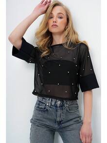 Women's Beaded Mesh Round Neck Short Sleeve Top - Black - View 6