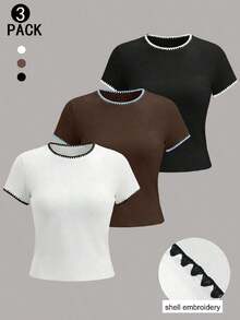 Camiseta casual de manga corta y cuello redondo con gráfico de niña de mezclilla para mujer, de verano - Multicolor - Ver 10
