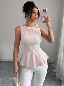 blusa de mujer con estampado floral de textura tejida, con tirantes con lazo, diseño de dobladillo con volantes en la cintura, elegante y versátil para vacaciones y uso casual - Rosa - Ver 5
