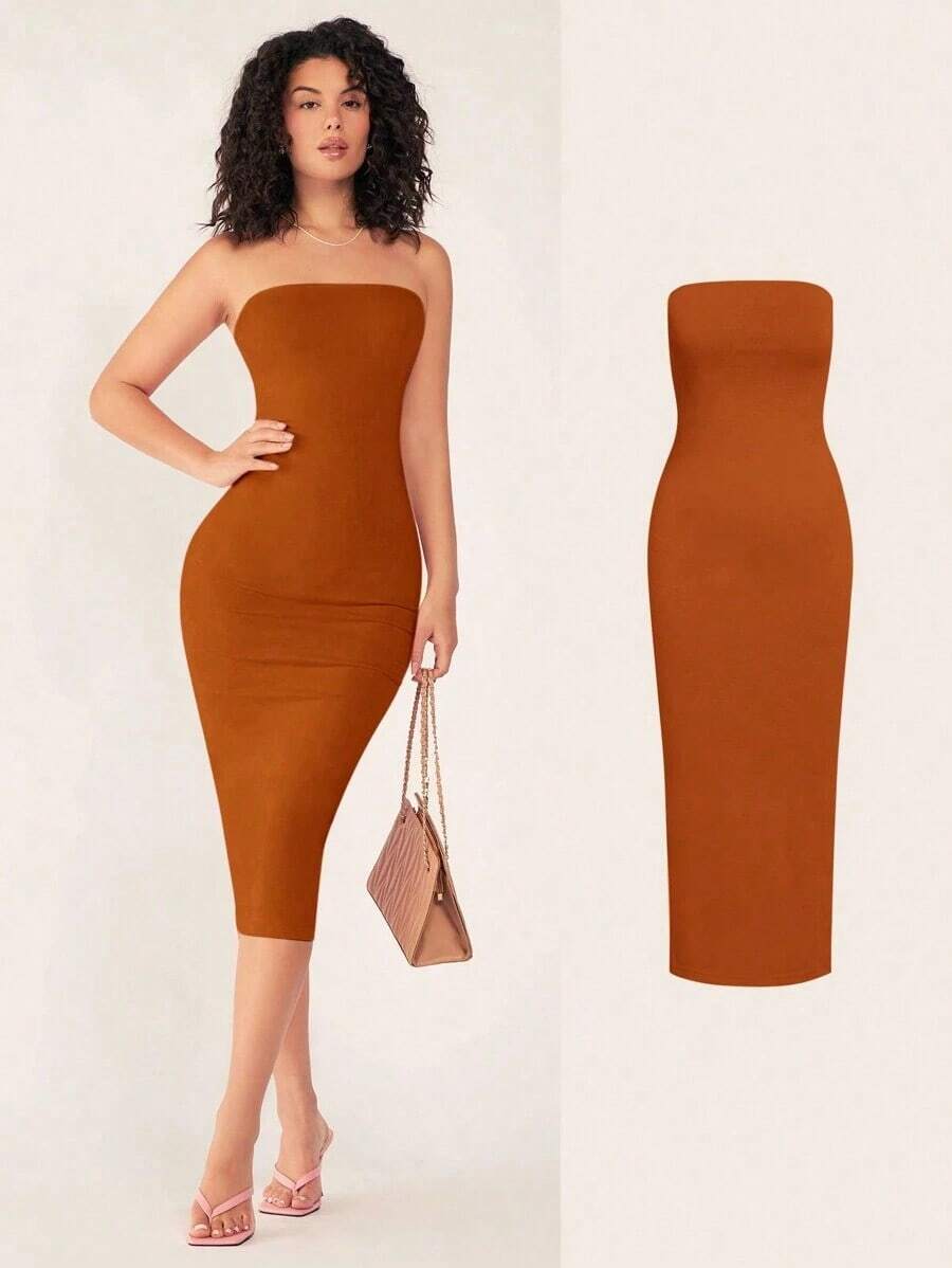 Vestido casual de cena ajustado sin tirantes y de silueta ceñida para mujer - Marrón - Ver 1