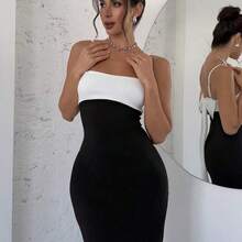 Women's Elegant Minimalist Exquisite Romantic Sweet Wedding Ceremony Party Vacation Backless Colorblock Bow Decor Black & White Spaghetti Strap Long Dress, Spring/Summer,Party Dress Fashion Clothing Summer Outfits Spring Outfits For Women  Wedding Guest Dress  Summer Holiday - Blanco y Negro - Ver 3