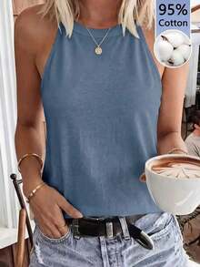 LUNE Camiseta de tirantes de cuello halter casual y cómoda para mujer, 95% algodón, adecuada para el verano - Niebla azul - Ver 8