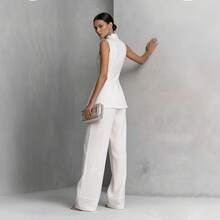 2026 Women's Draped Linen Cotton Solid Sleeveless Shirt Long Pants Two Piece Set - Màu Đỏ Sâu - Xem 4