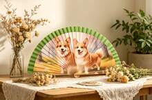 Un abanico   con dibujo perritos  Ideal para el verano,fiesta, mejor regalo de cumpleaños/graduación. - Corgi - Ver 2