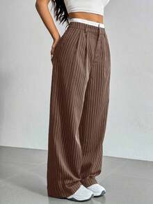 Pantalones anchos de mujer con pliegues y rayas, con cintura de bloques de color para otoño/invierno - Marrón - Ver 1