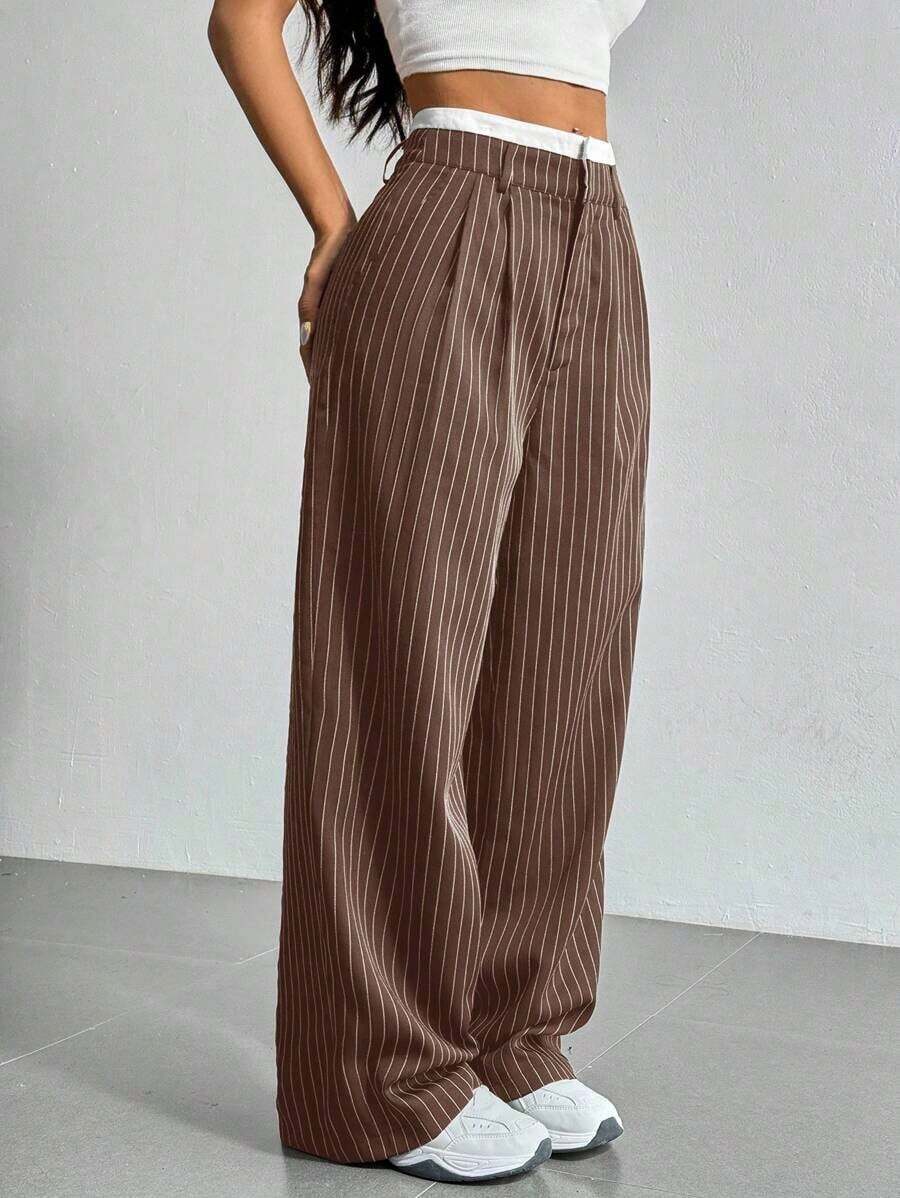 Pantalones anchos de mujer con pliegues y rayas, con cintura de bloques de color para otoño/invierno - Marrón - Ver 1