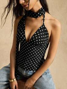 Camiseta sin espalda con lunares blancos para mujer, pieza de lencería sexy para primavera/verano, crea un look casual retro, adecuada para ocasiones de vacaciones - Negro - Ver 6