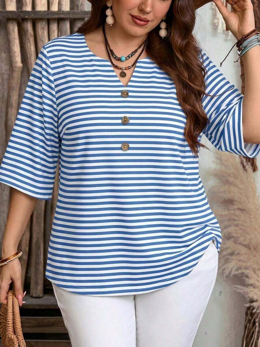 Blusa de estilo minimalista casual con mangas cortas y patrón de rayas marrones, adecuada para primavera/verano - Multicolor - Ver 1
