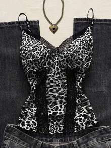 Top de camisola con parches de encaje y estampado de leopardo sexy para vacaciones de verano - Blanco y Negro - Ver 8