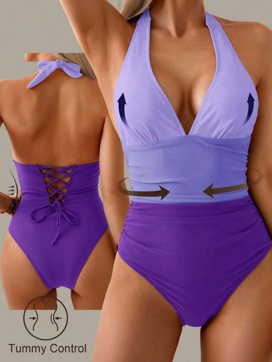 Traje de baño de una pieza con control de abdomen, estilo minimalista de unicolor, con escote halter y espalda descubierta, para vacaciones de verano en la playa - Multicolor 2 - Ver 1