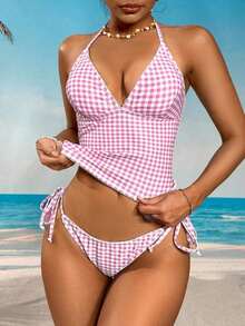 Swim Mod Conjunto de bikini a cuadros de cereza dulce - Rosa Pálido 2 - Ver 3