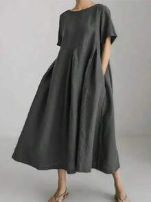 Vestido de lino suelto, casual, elegante y cómodo para mujer.Vestido largo suelto de manga corta, con bolsillo, cuello redondo y unicolor.Ajuste relajado para el verano - Gris - Ver 2